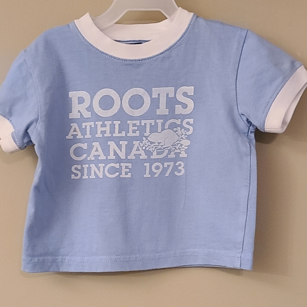 Roots baby blue short sleeved tee shirt